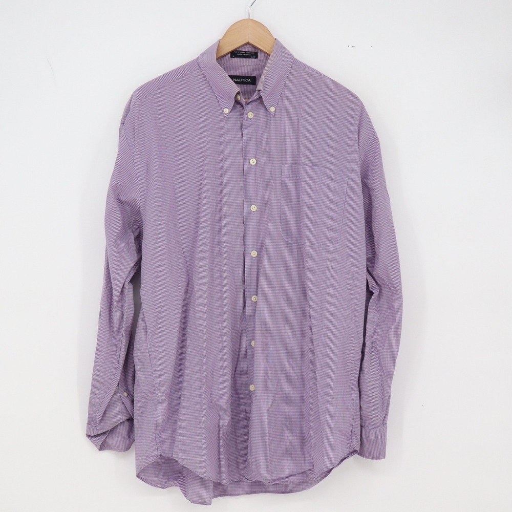 Nautica Shirt Mens 16 34/35 Gingham Purple Button-down Long Sleeve Good